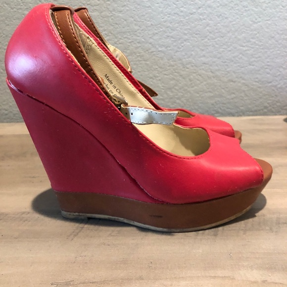 SOLD! Forever 21 Red Strap Wedges - Picture 2 of 4